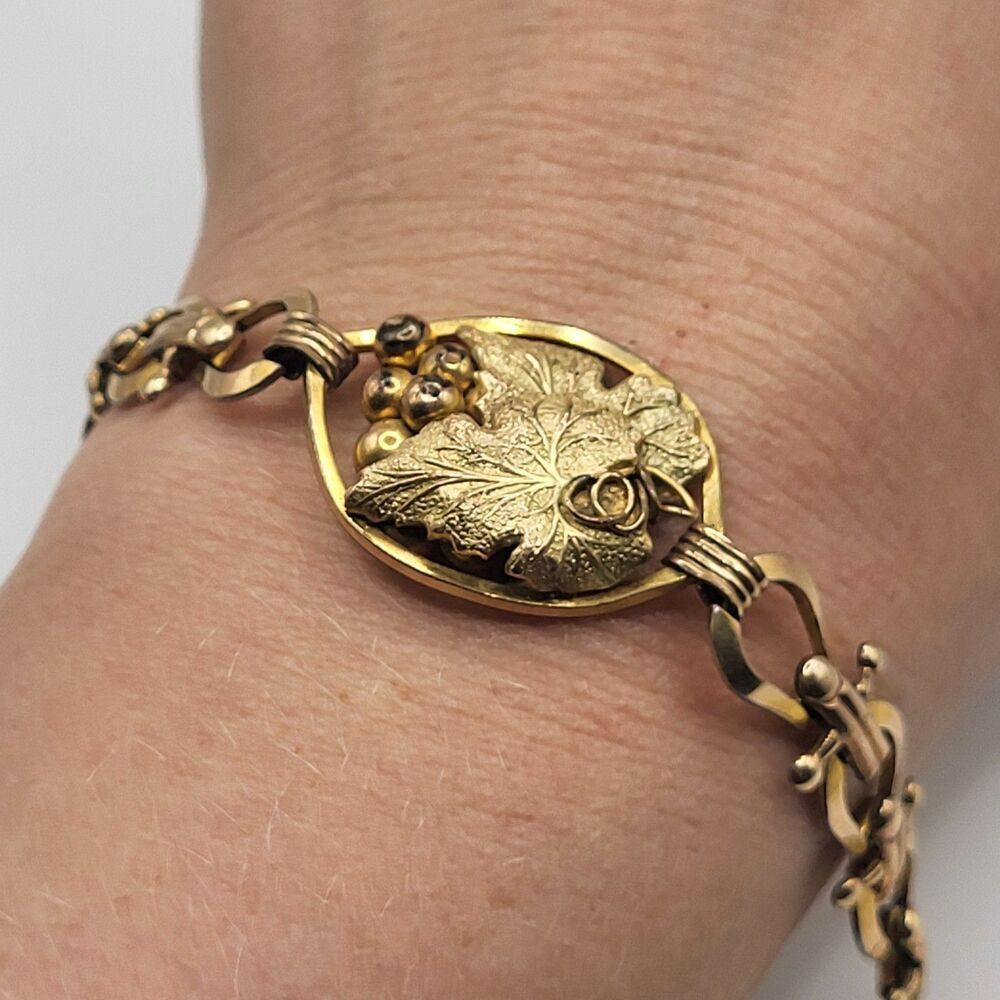 Antique 1930s Art Deco 10K Gold Filled Grapes, Leaf, Vine Bracelet Signed LS